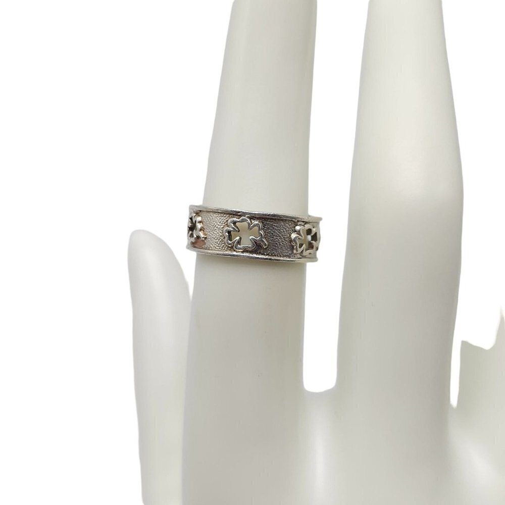 Sterling Silver Textured Four Leaf Clover Openwork Band Ring Size 6 Vintage